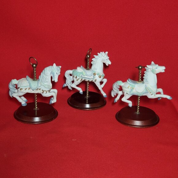 Vintage Bisque Porcelain Carousel Horse Wood Stand Lot of 3 - Picture 8 of 11